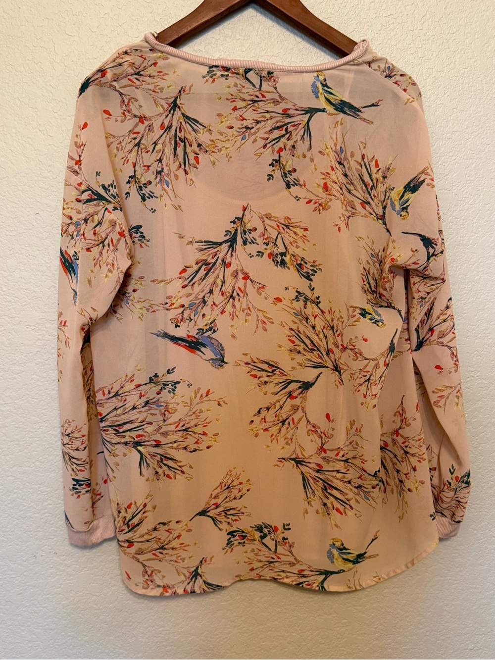 Democracy Pink/Peach Floral Bird Print Long Sleeve Two Piece Blouse Top Medium - Picture 7 of 14
